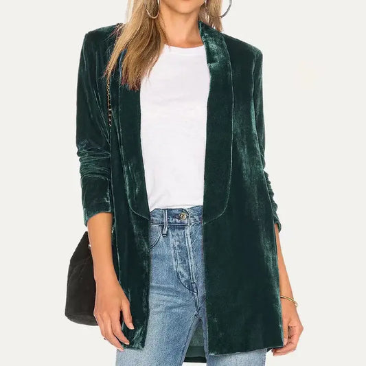Velvet Open Front Blazer Dark Green