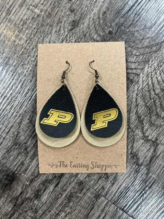 Double Layer Gold Background Purdue Faux Leather earrings