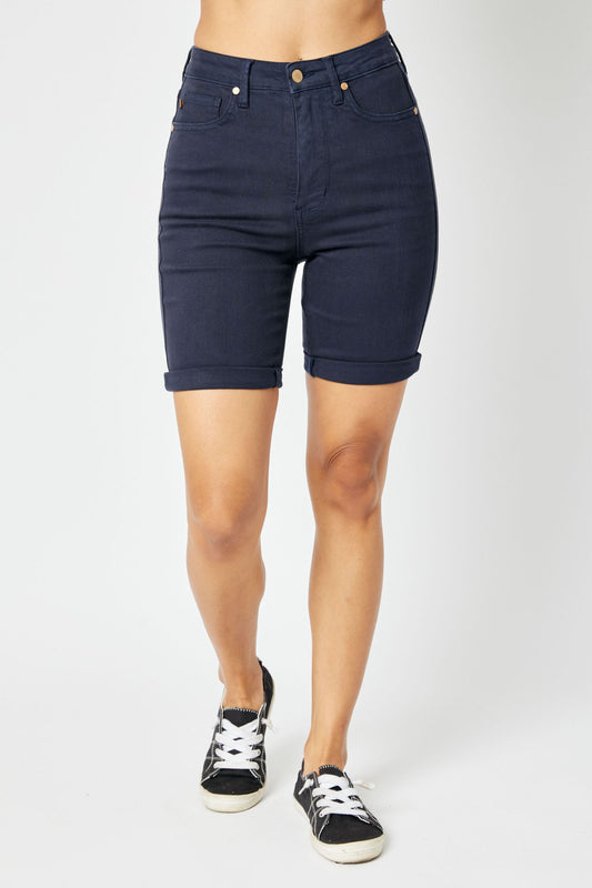 150270 HIGH WAIST NAVY GARMENT DYED TUMMY CONTROL BERMUDA SHORTS