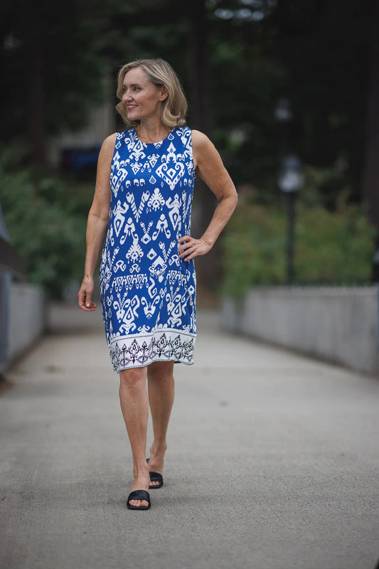 PD16624  Papillon Blue Border Print Shift Dress with Back Zip