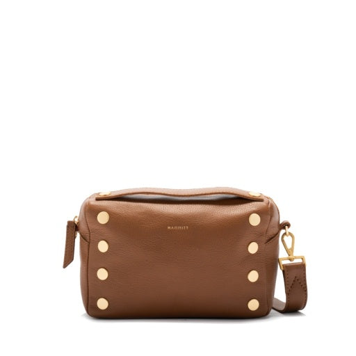 Evan Crossbody Small Mahogany Pebble Brushed Gold Red Zipper