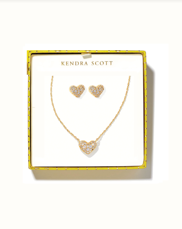 Ari Pave Crystal Heart Pendant & Stud Gift Set Gold White Cz