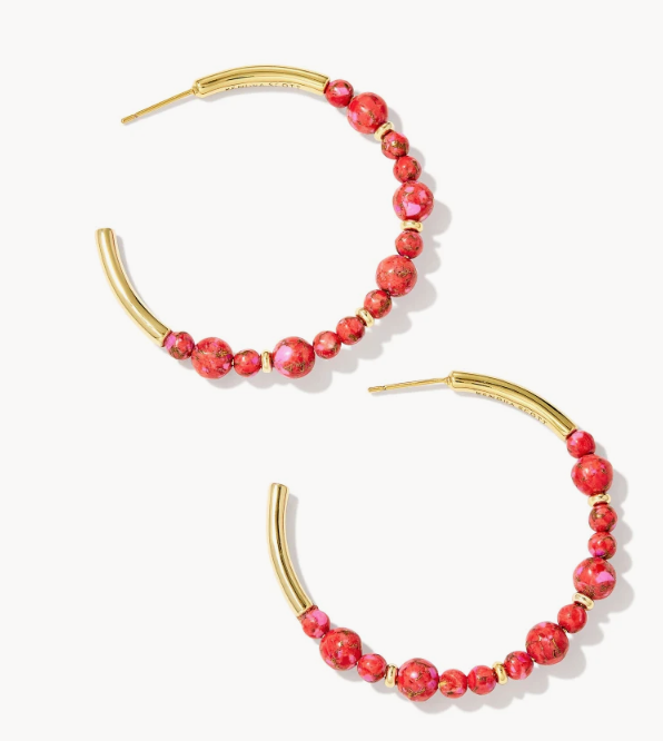 Jovie Gold Beaded Hoop Earrings in Bronze Veined Red Fuchsia Magnesite
