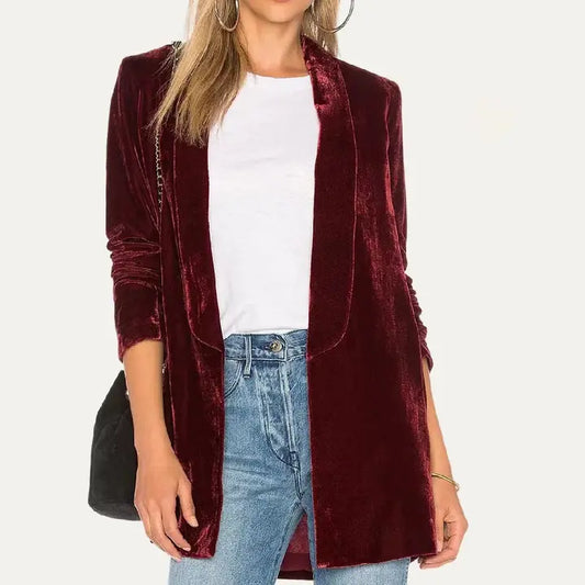 Velvet Open Front Blazer Dark Red