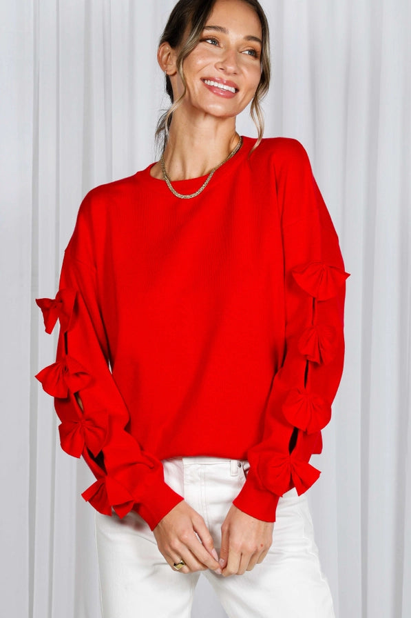 Bow Embellished Crew Neck Long Sleeve Sweater - Red
