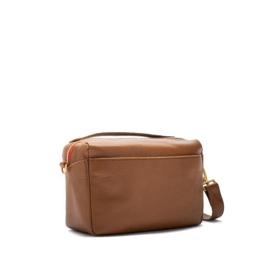 Evan Crossbody Small Mahogany Pebble Brushed Gold Red Zipper