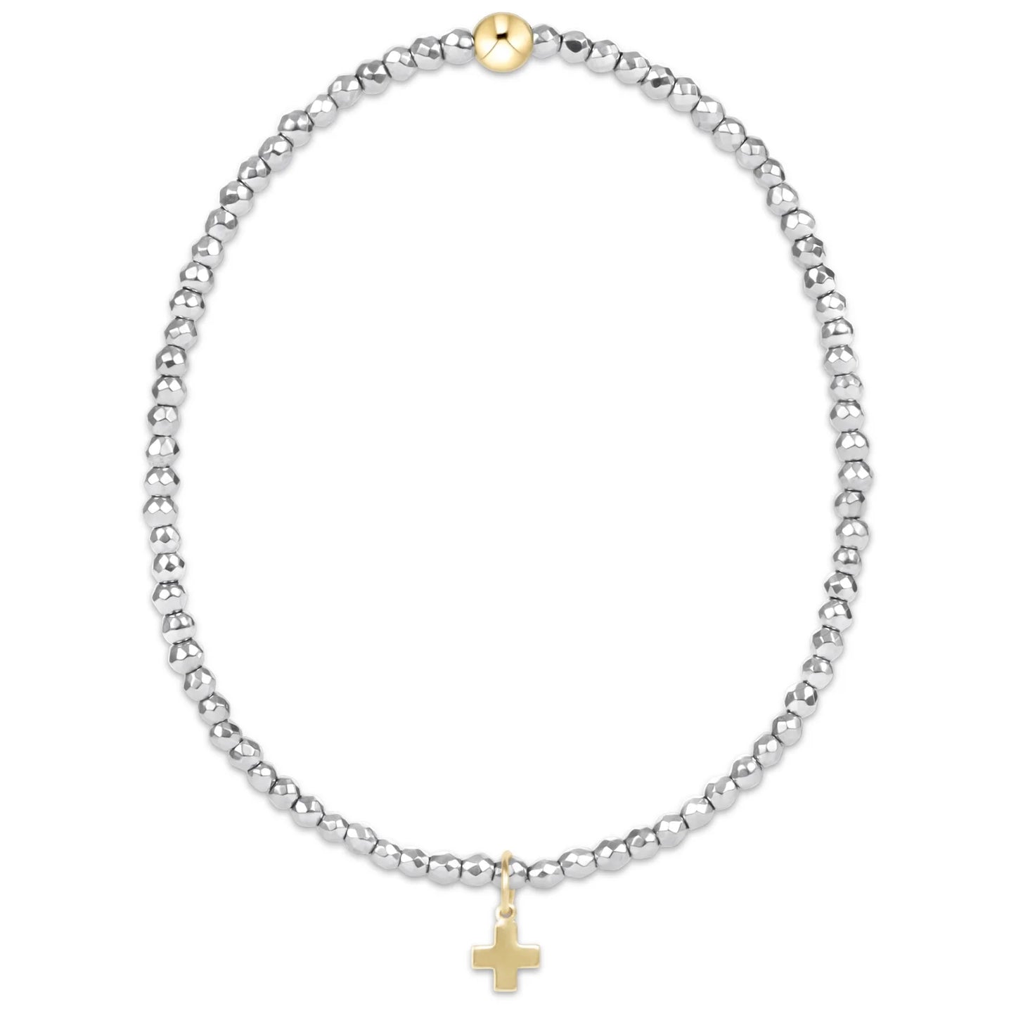 BSILFHEM2SCG Silver Faceted Hematite 2mm Bead Bracelet - Signature Cross Gold Charm