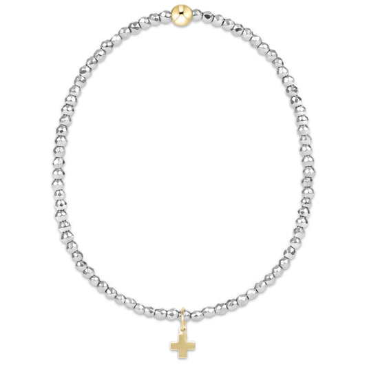 BSILFHEM2SCG Silver Faceted Hematite 2mm Bead Bracelet - Signature Cross Gold Charm