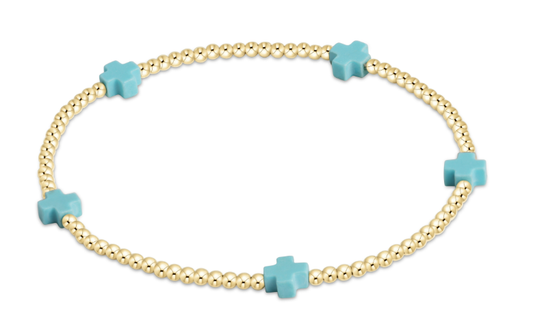 BSCSMGP2T Signature Cross Small Gold Pattern 2 mm Bead Bracelt Turquoise