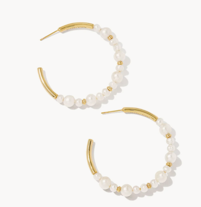Jovie Gold Beaded Hoop Earrings in White Pearl